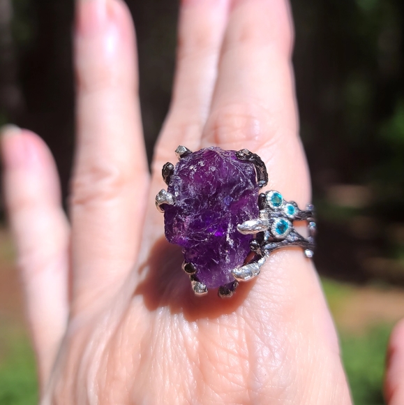 Deep Amethyst raw crystal Branch Sterling ring sz8 - Picture 7 of 9